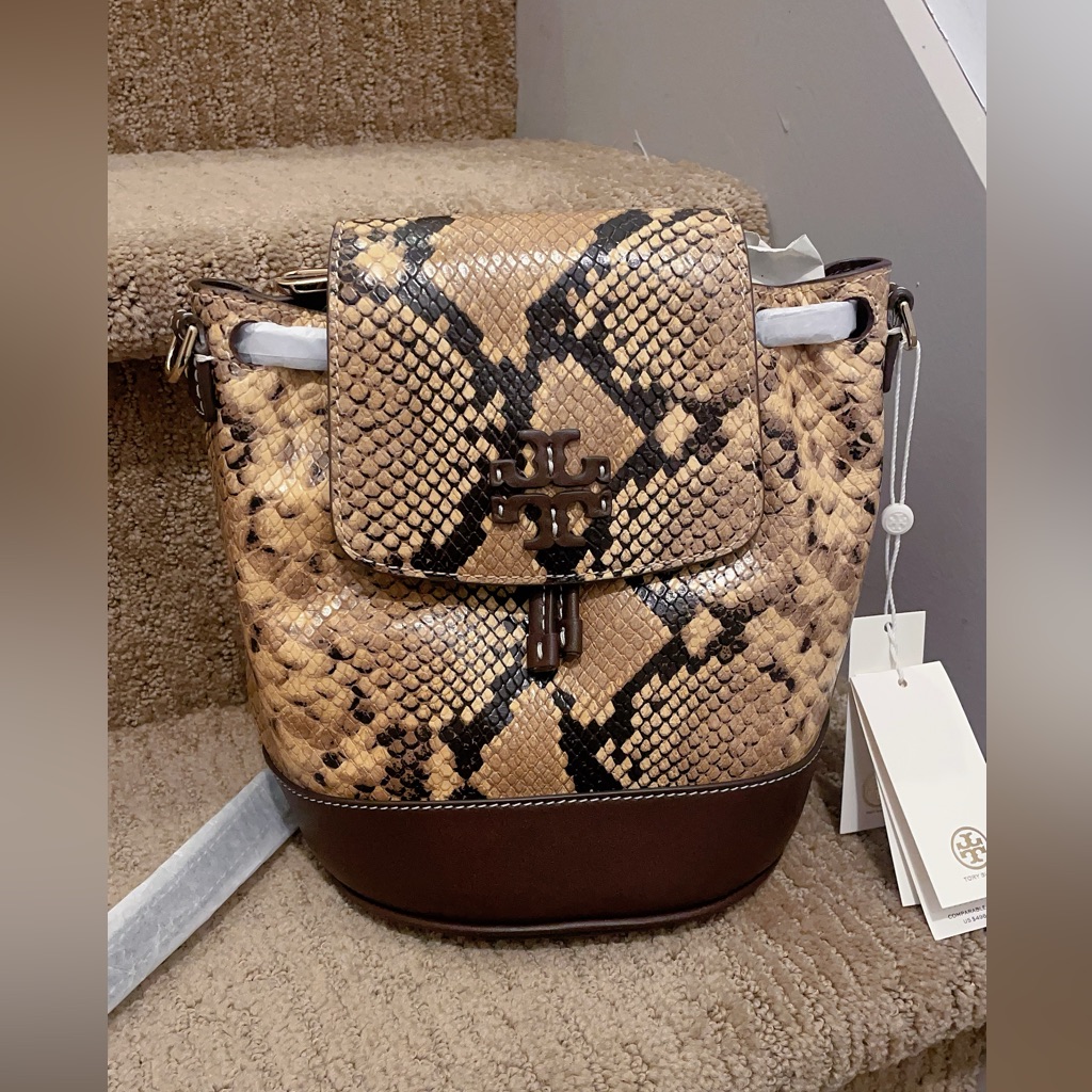 Brand New Tory Burch Brown Snake Print Bucket Backpack